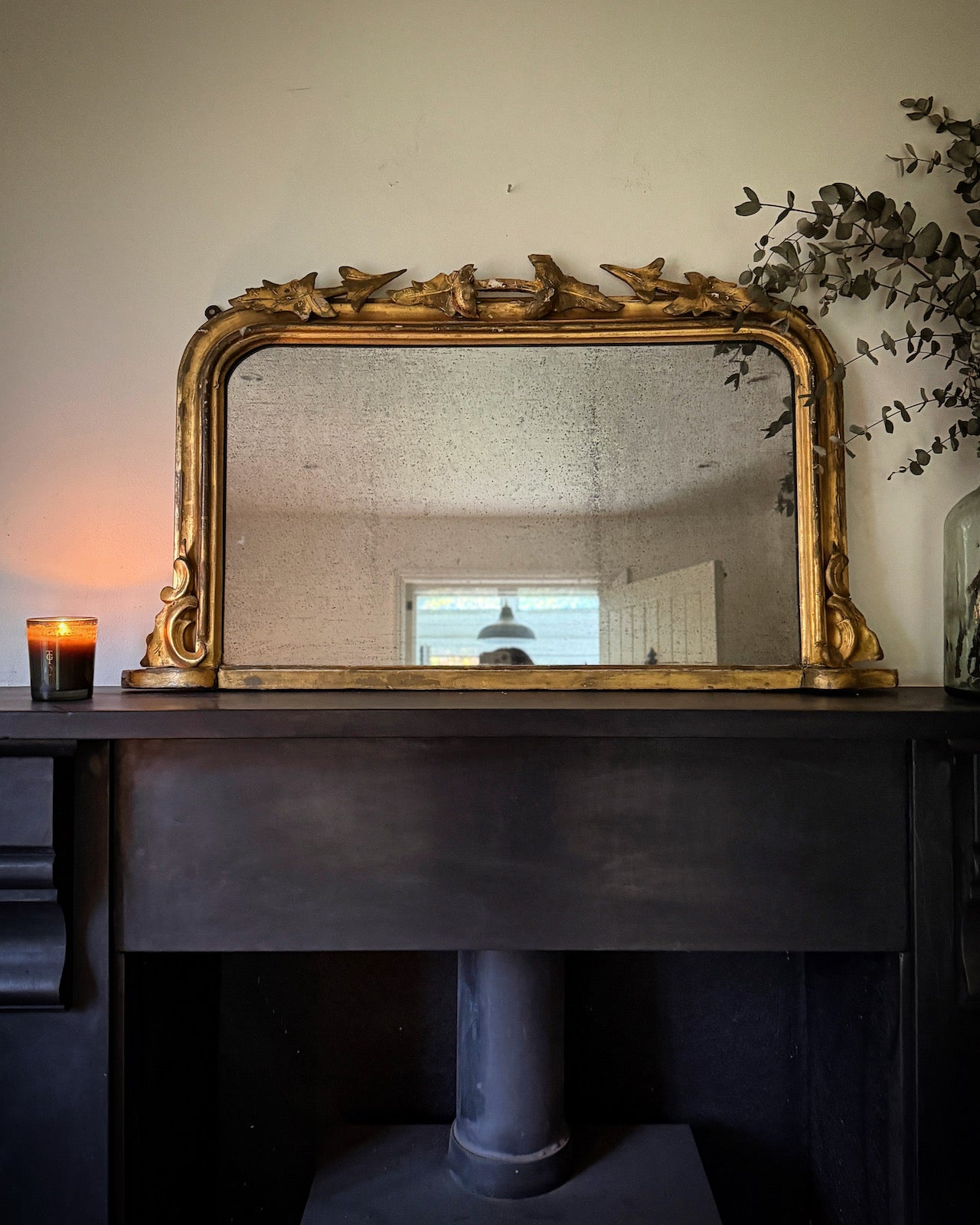 Beautiful French gilt overmantle mercury glass mirror