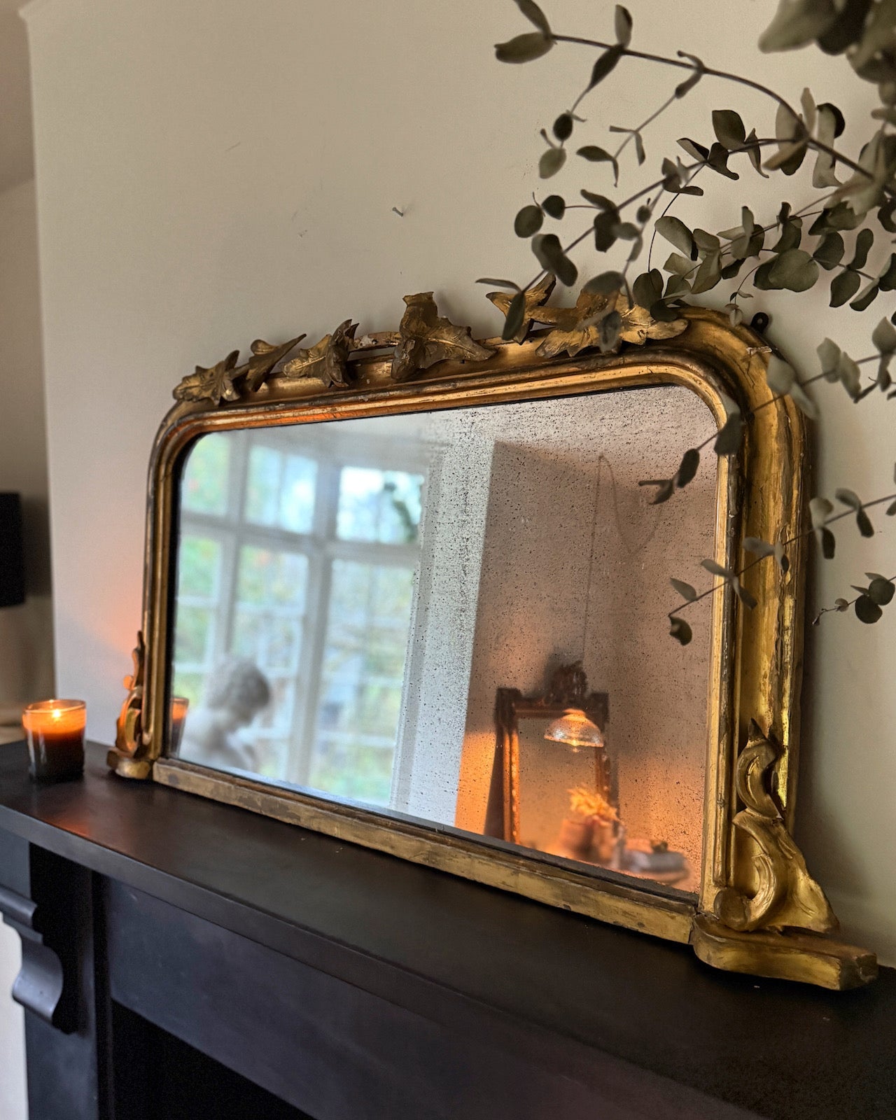 Beautiful French gilt overmantle mercury glass mirror