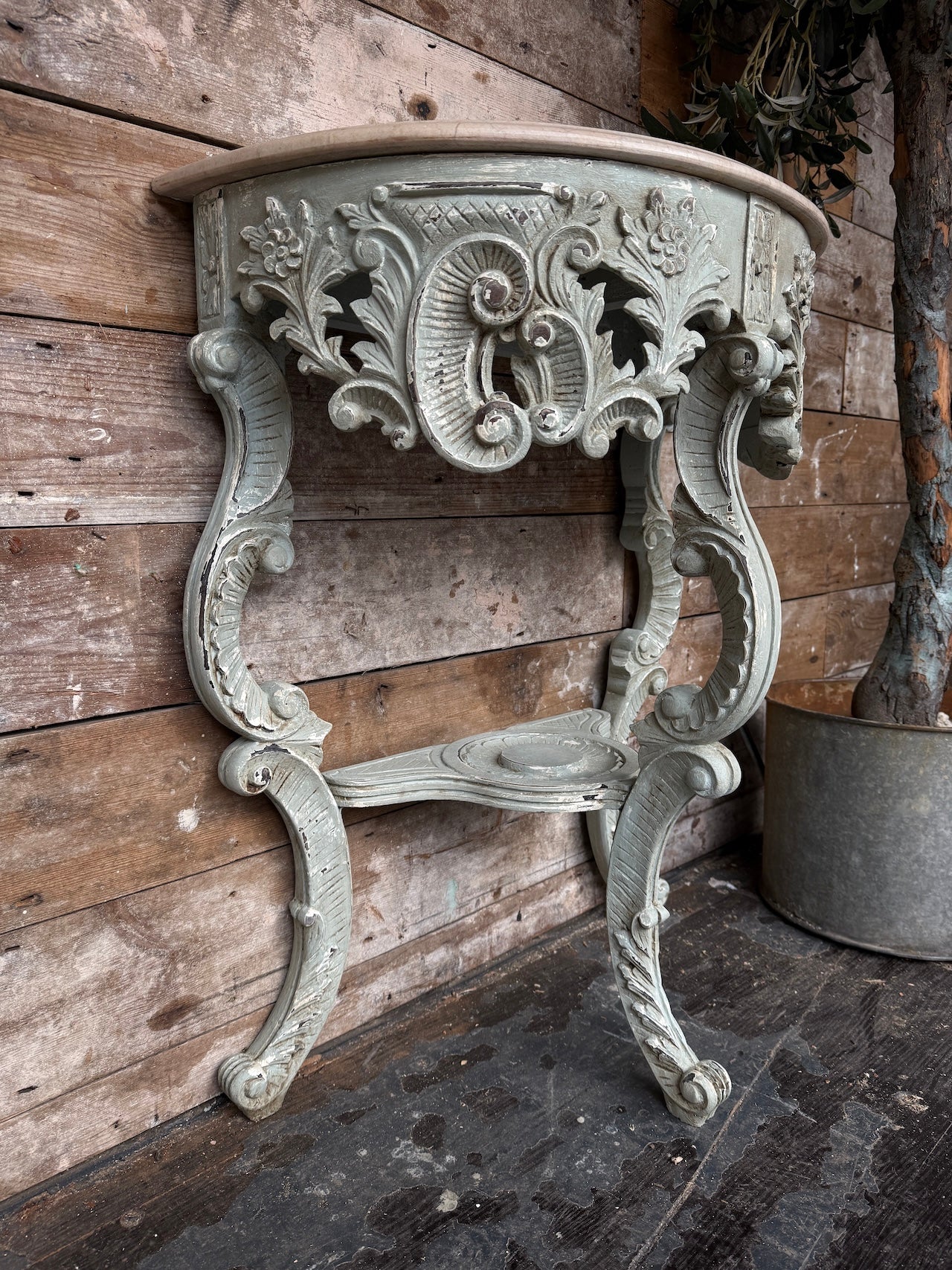 Pretty French demi lune marble topped console table