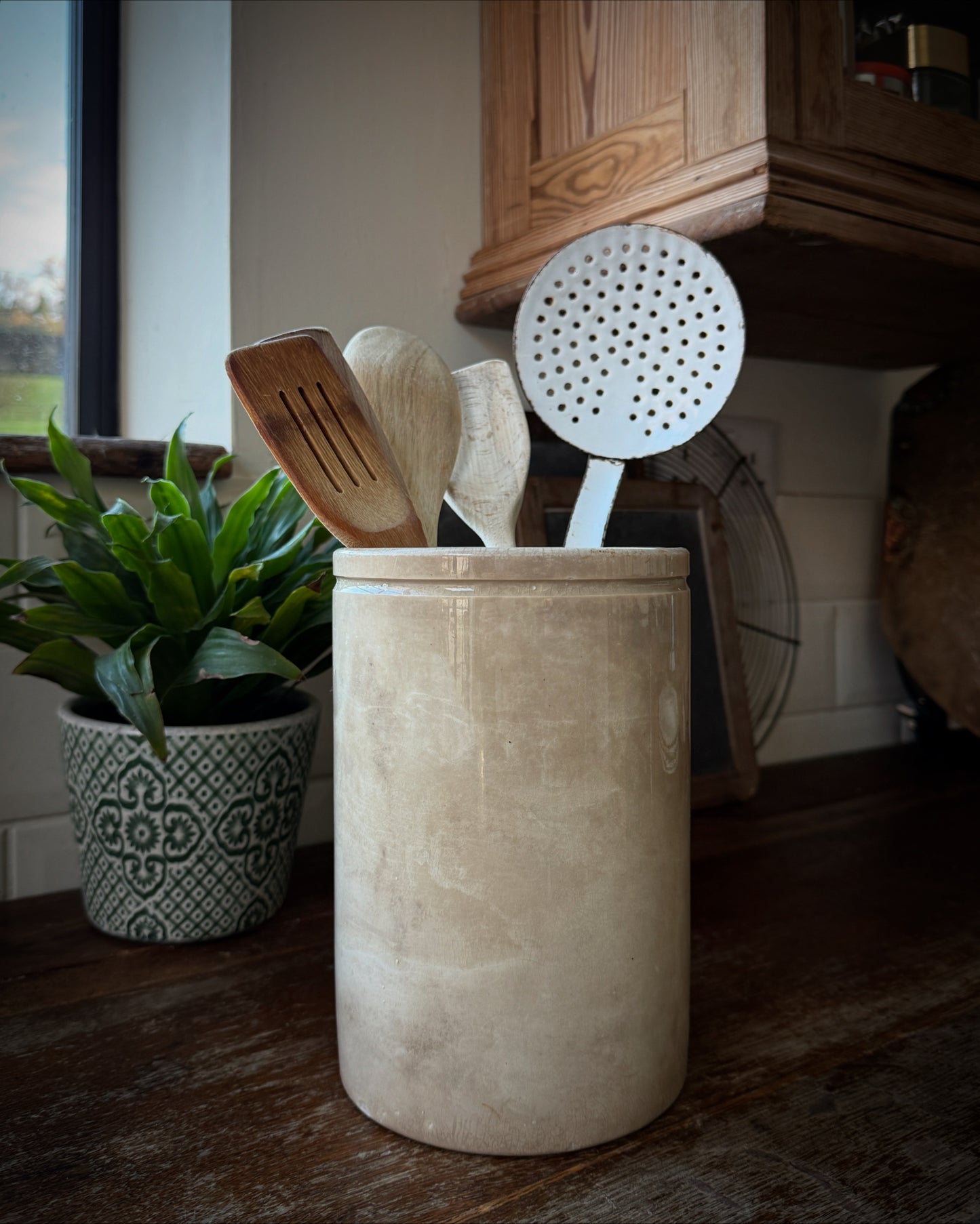 Beautiful antique French stoneware confit / utensil pot