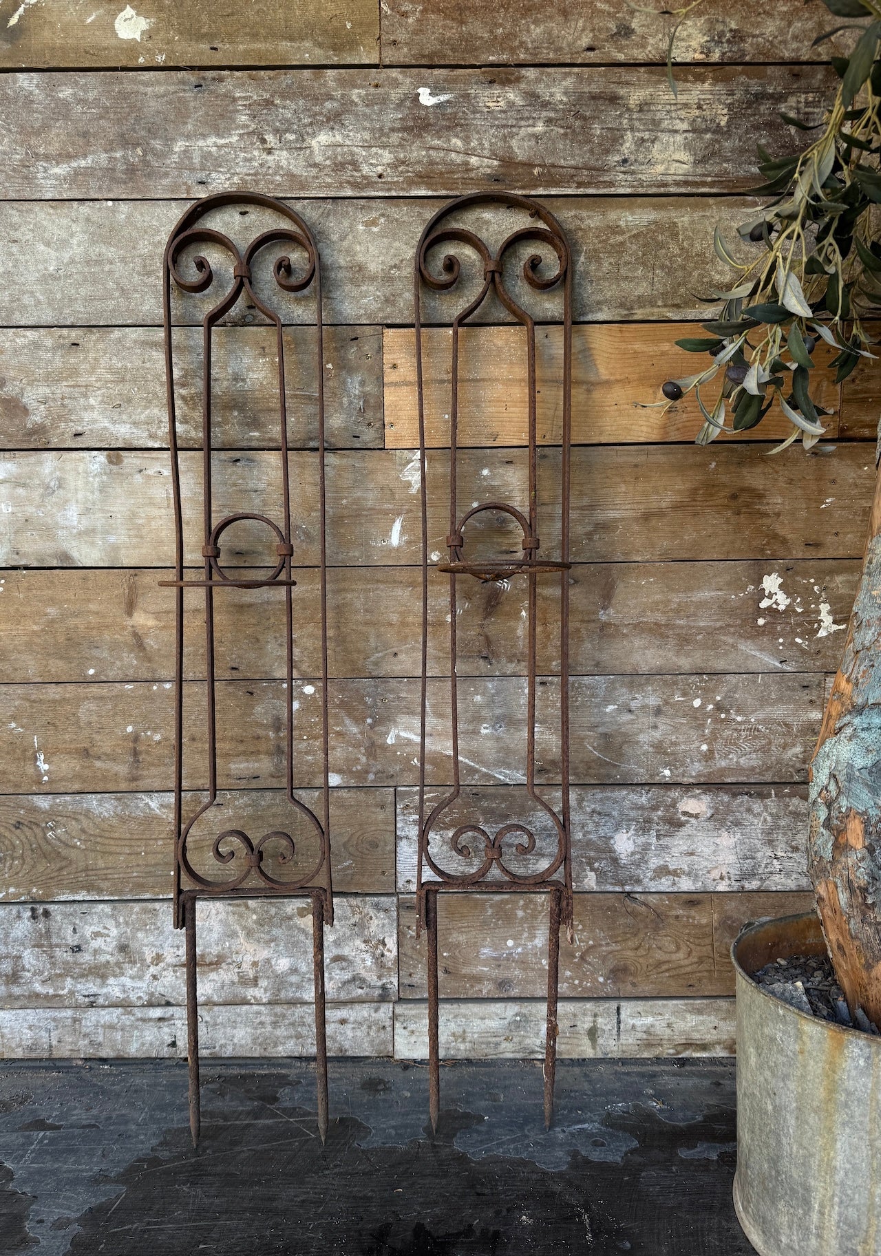 Pretty pair of rusted steel planters