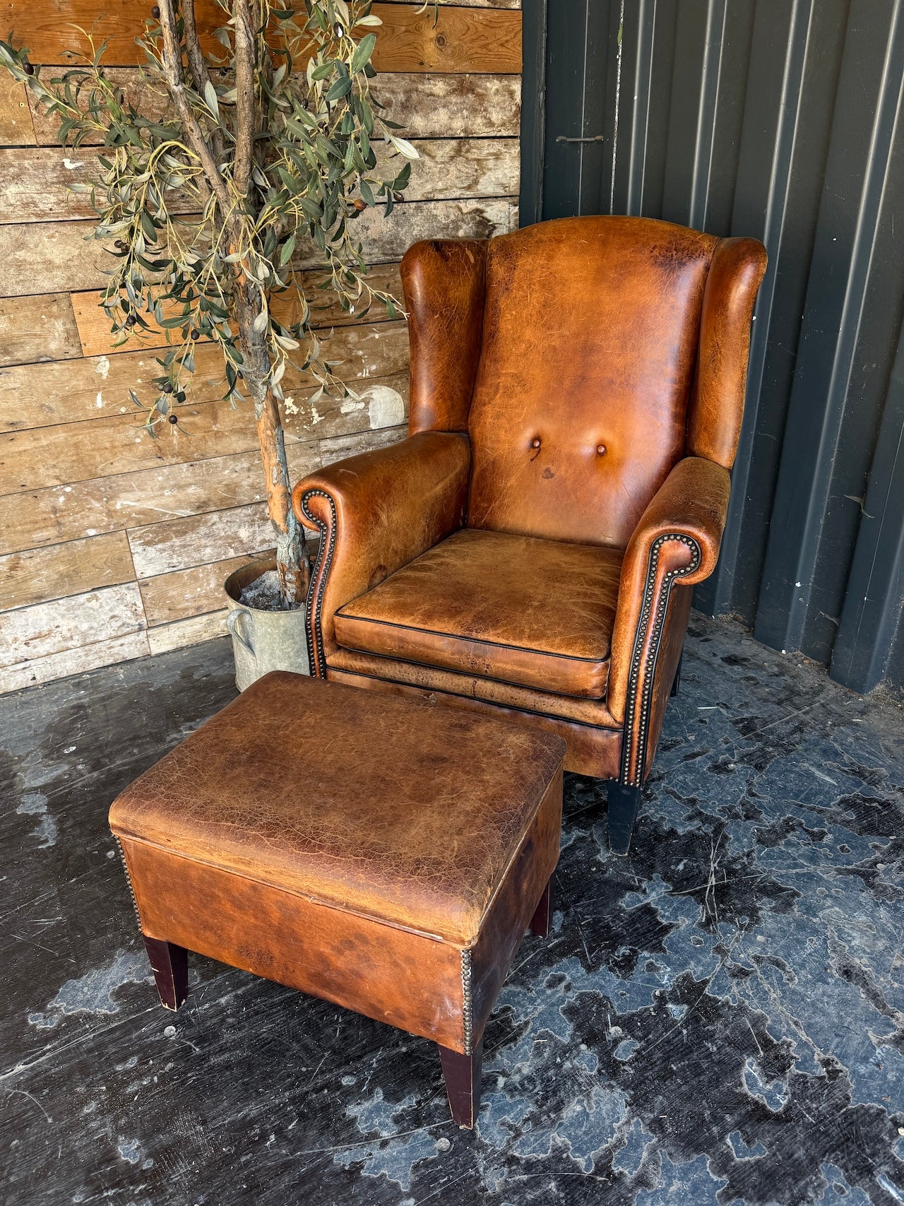 Dutch Vintage Leather Wingback Chair + Footstool
