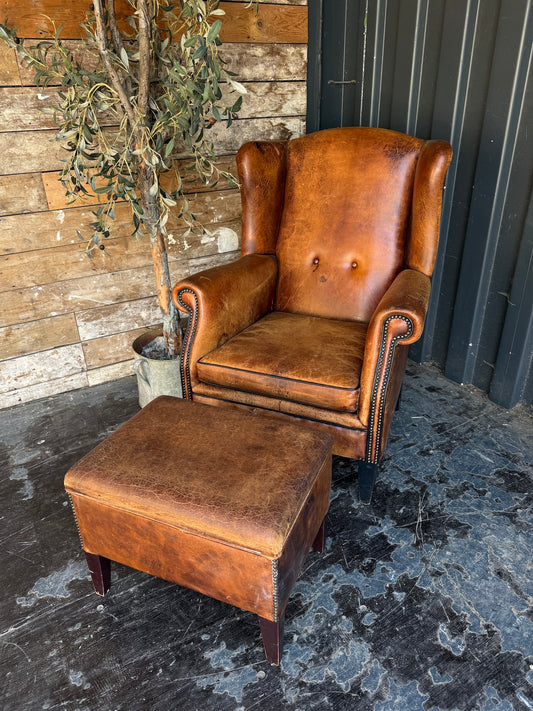 Dutch Vintage Leather Wingback Chair + Footstool