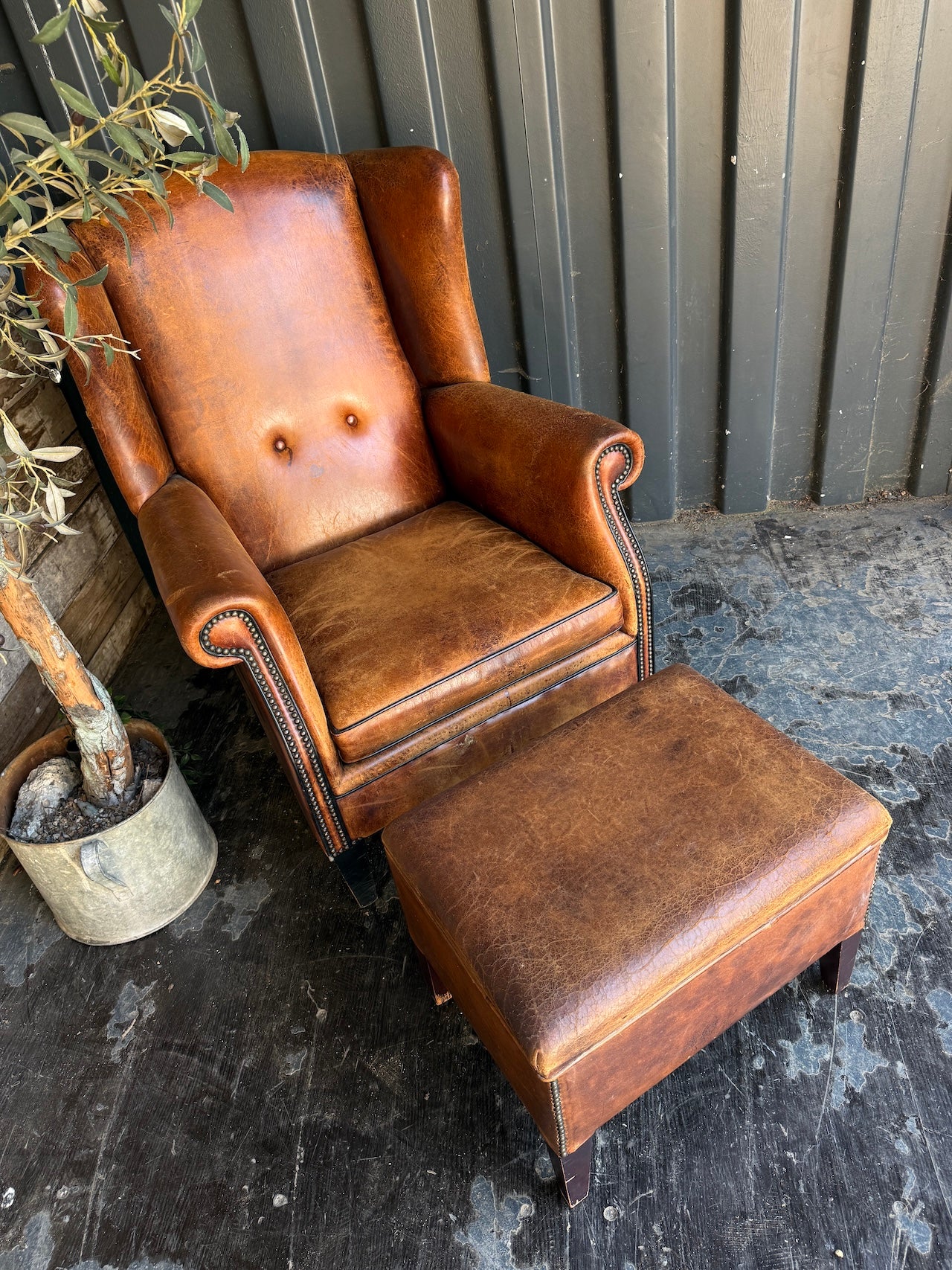 Dutch Vintage Leather Wingback Chair + Footstool