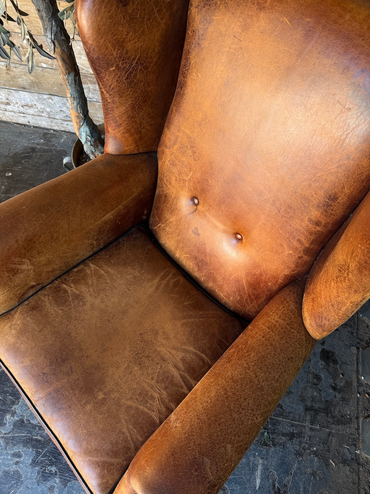 Dutch Vintage Leather Wingback Chair + Footstool