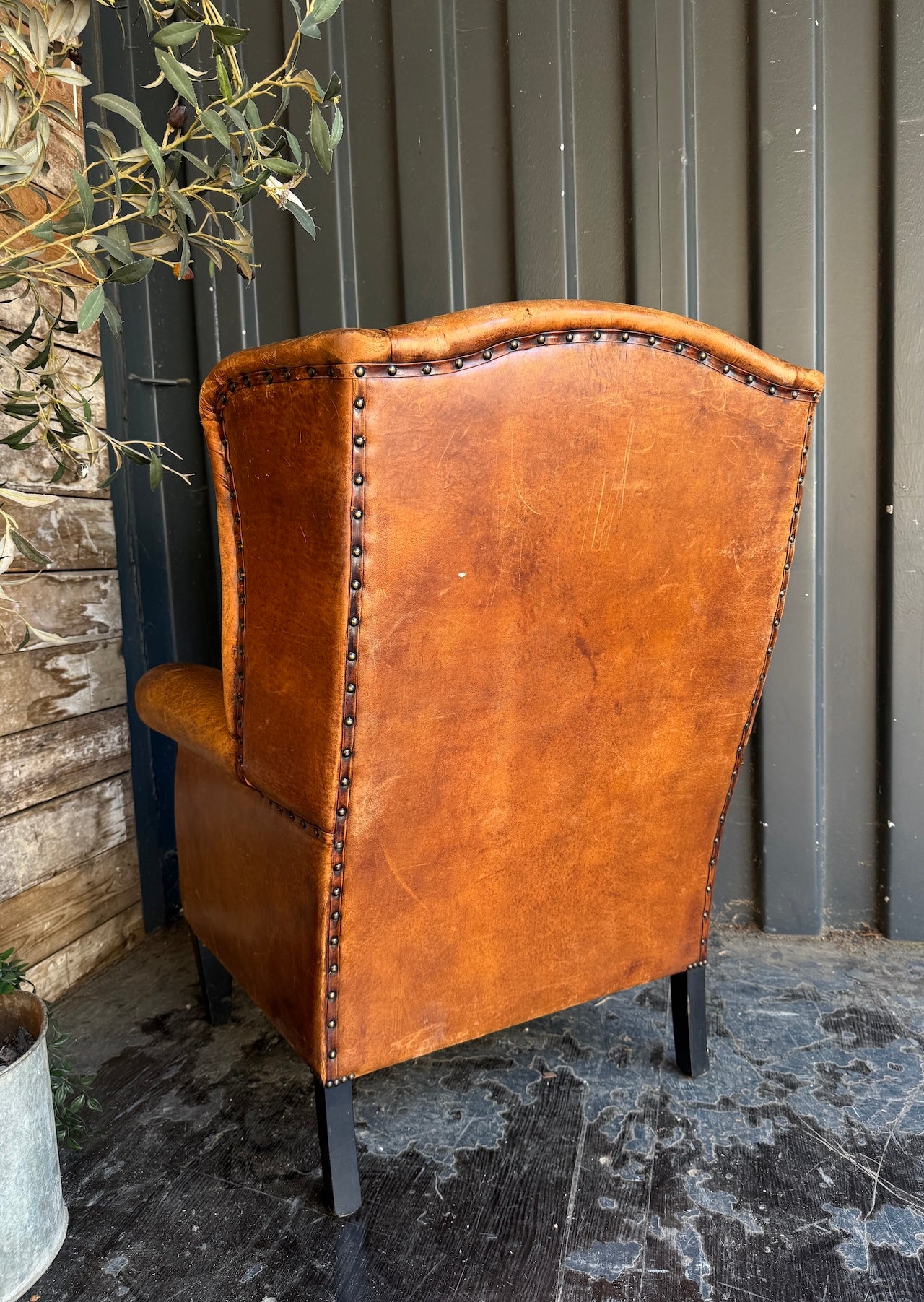 Dutch Vintage Leather Wingback Chair + Footstool