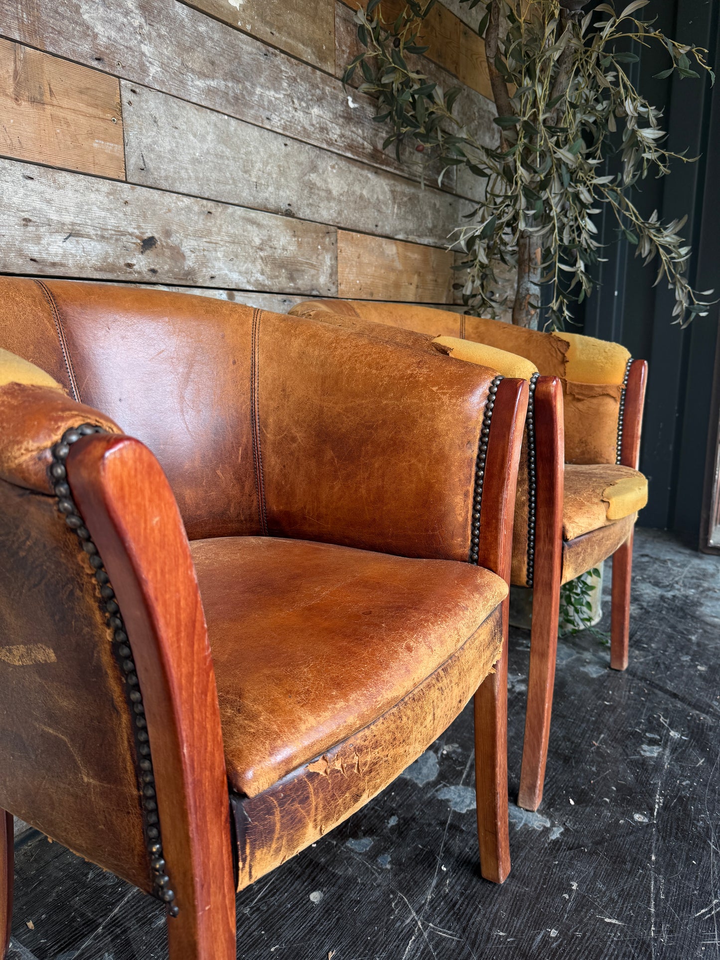 Pair of worn Dutch leather tub chairs