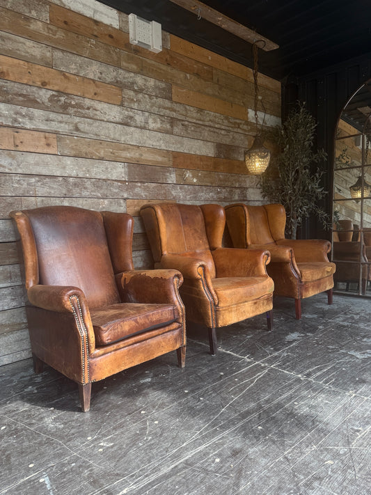 Worn Dutch Vintage Leather Wingback Chairs