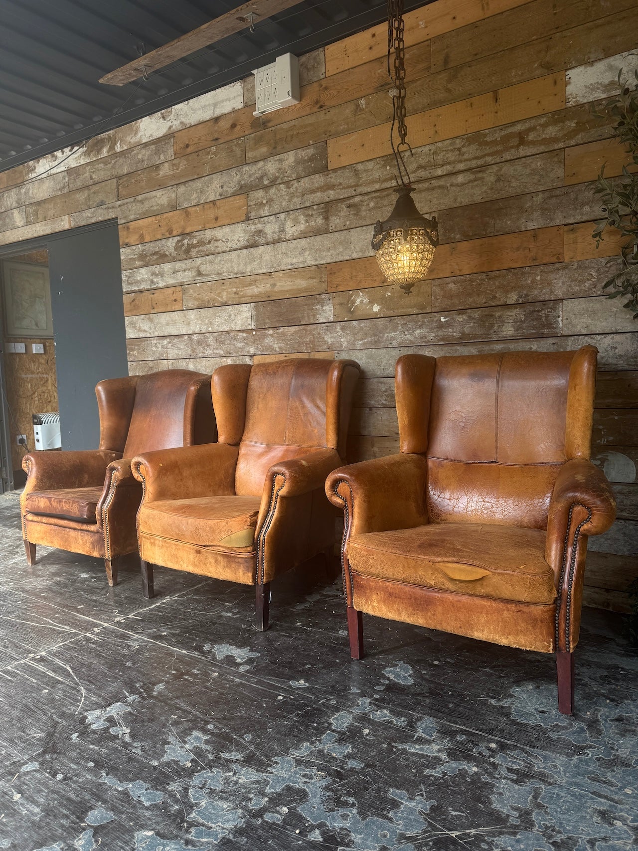 Worn Dutch Vintage Leather Wingback Chairs