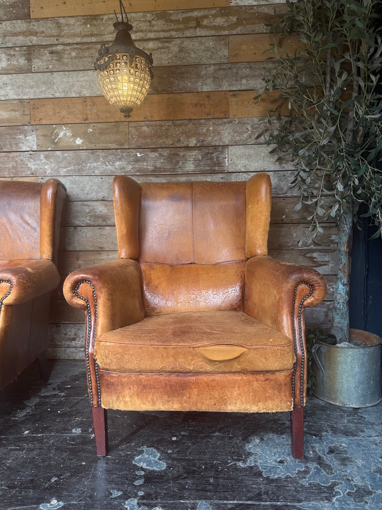 Worn Dutch Vintage Leather Wingback Chairs