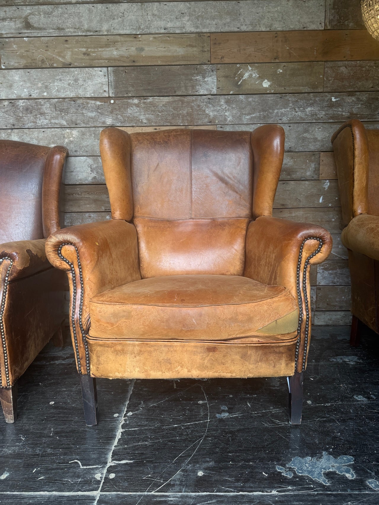 Worn Dutch Vintage Leather Wingback Chairs
