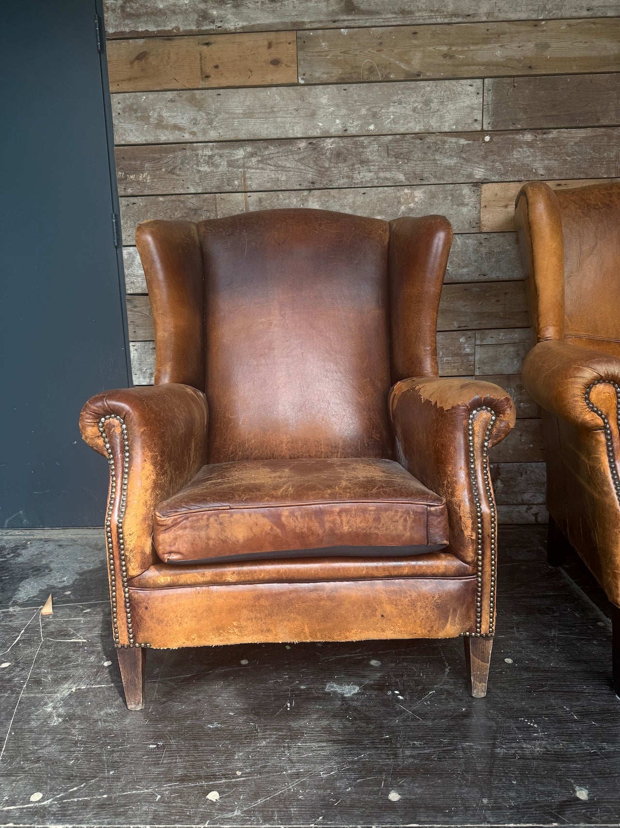 Worn Dutch Vintage Leather Wingback Chairs