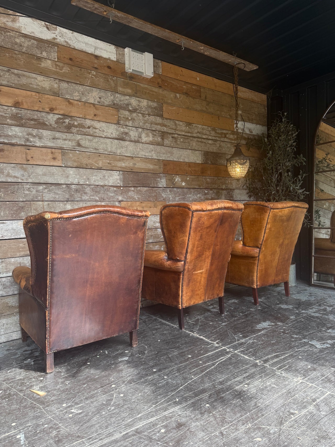 Worn Dutch Vintage Leather Wingback Chairs