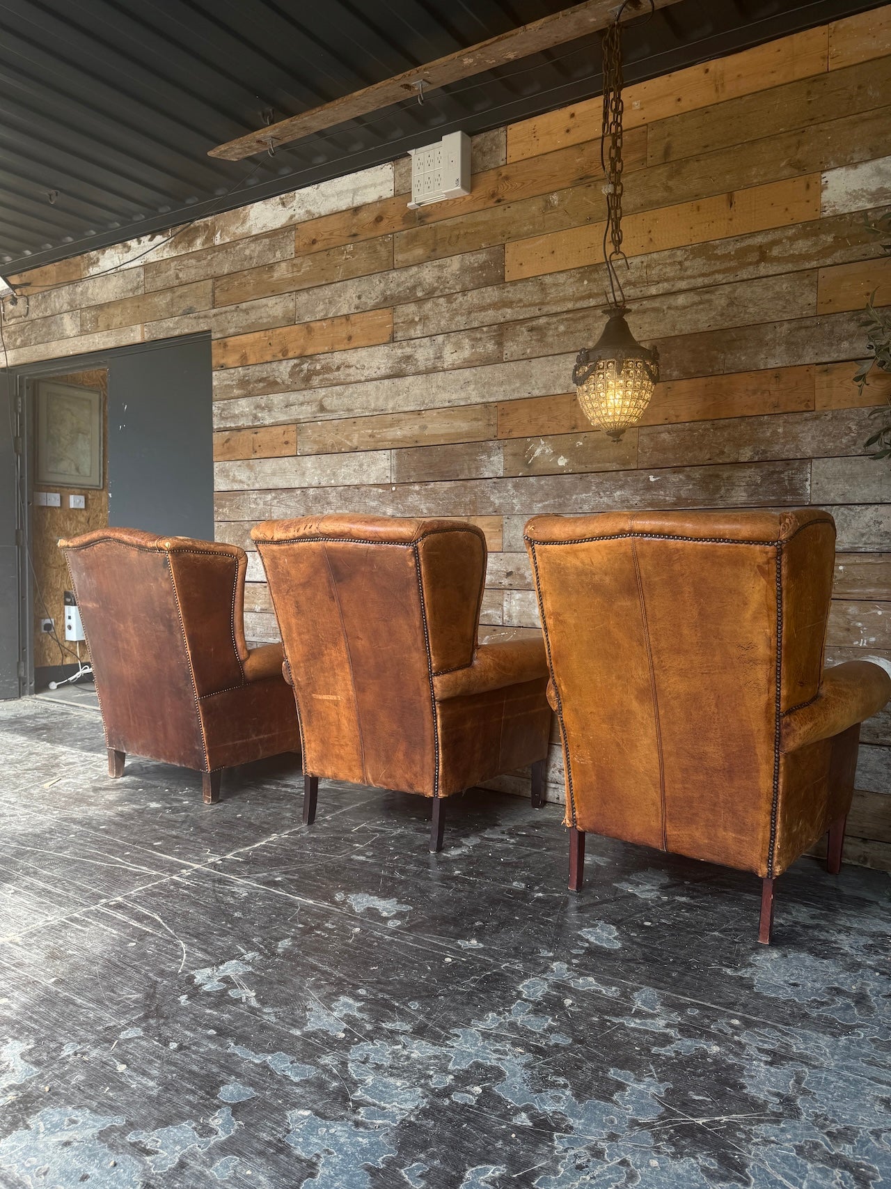 Worn Dutch Vintage Leather Wingback Chairs