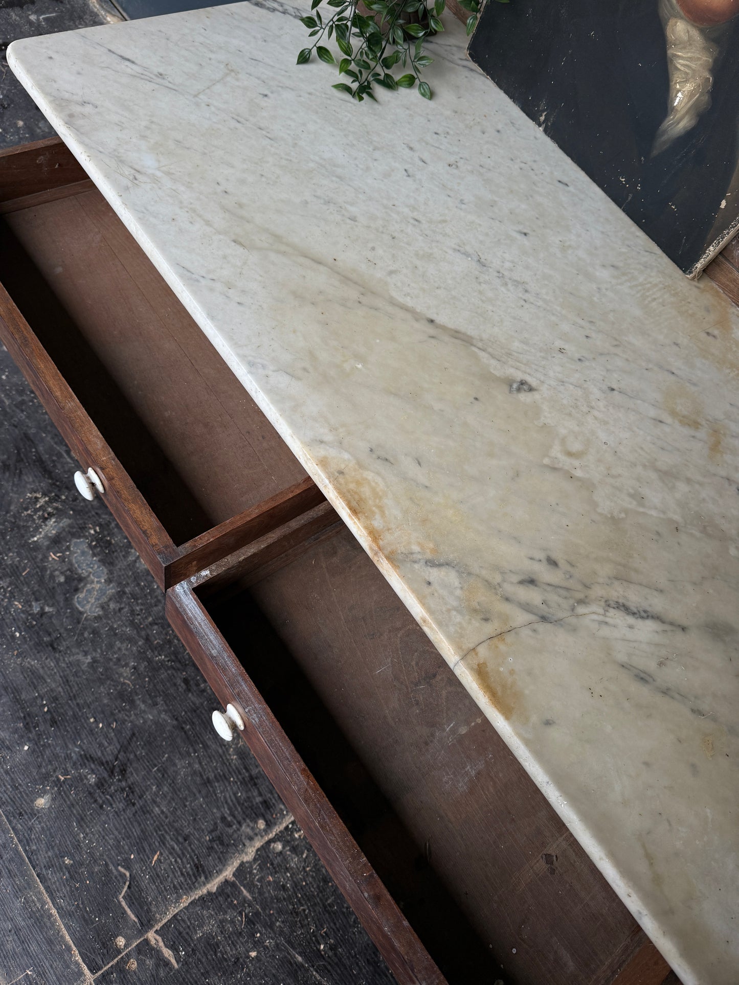 Beautiful antique console / prep table with marble top