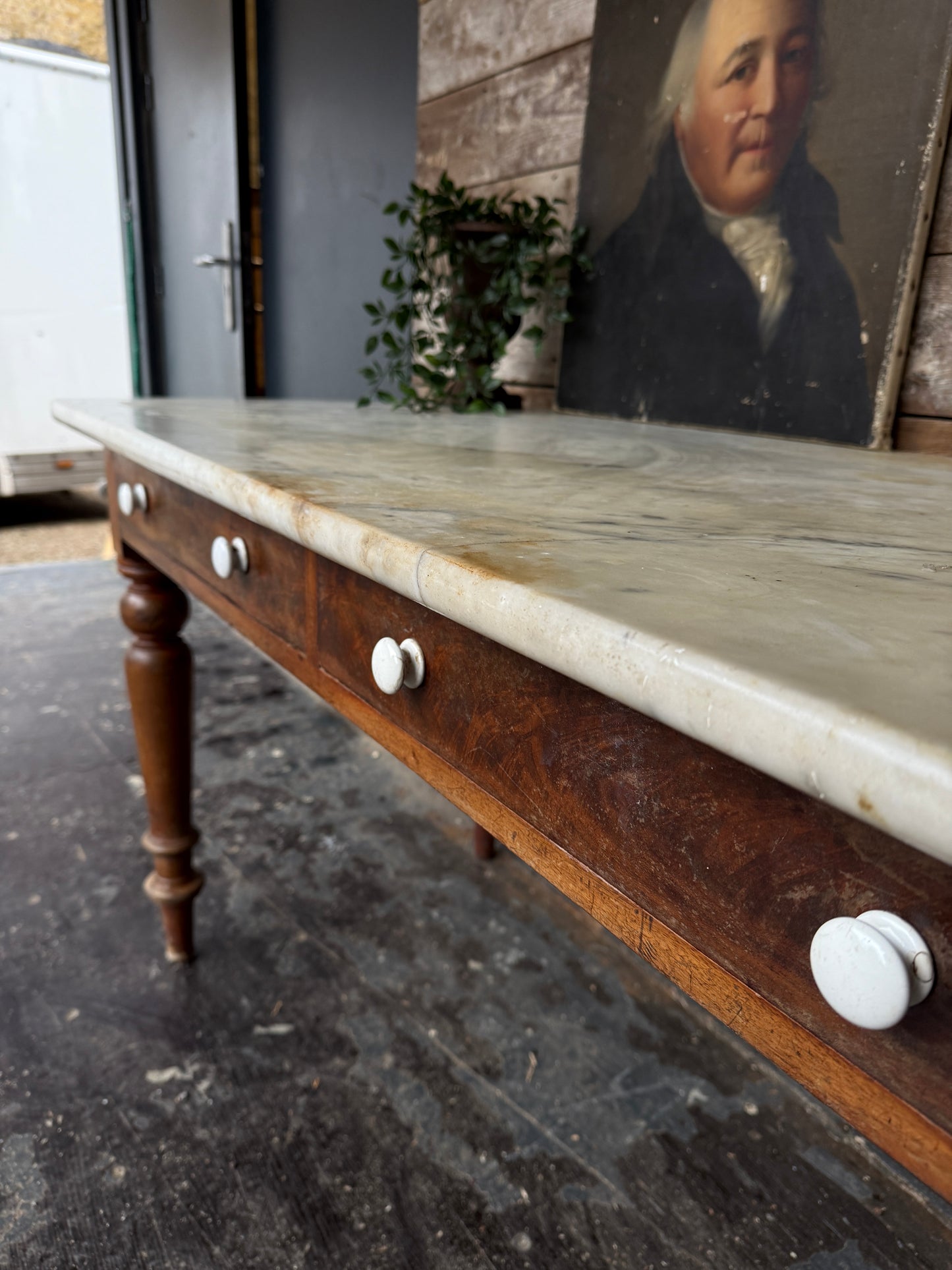Beautiful antique console / prep table with marble top