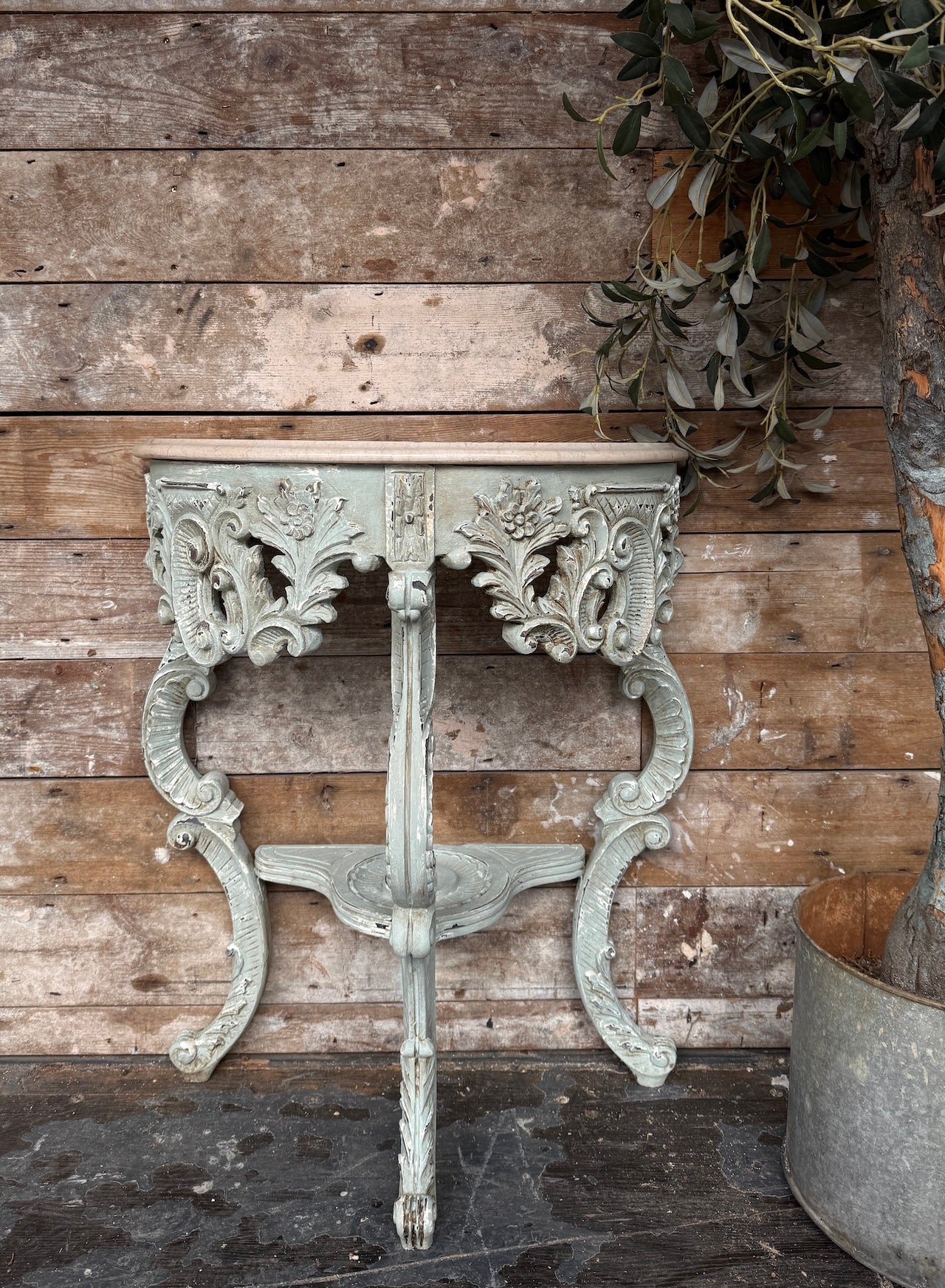 Pretty French demi lune marble topped console table