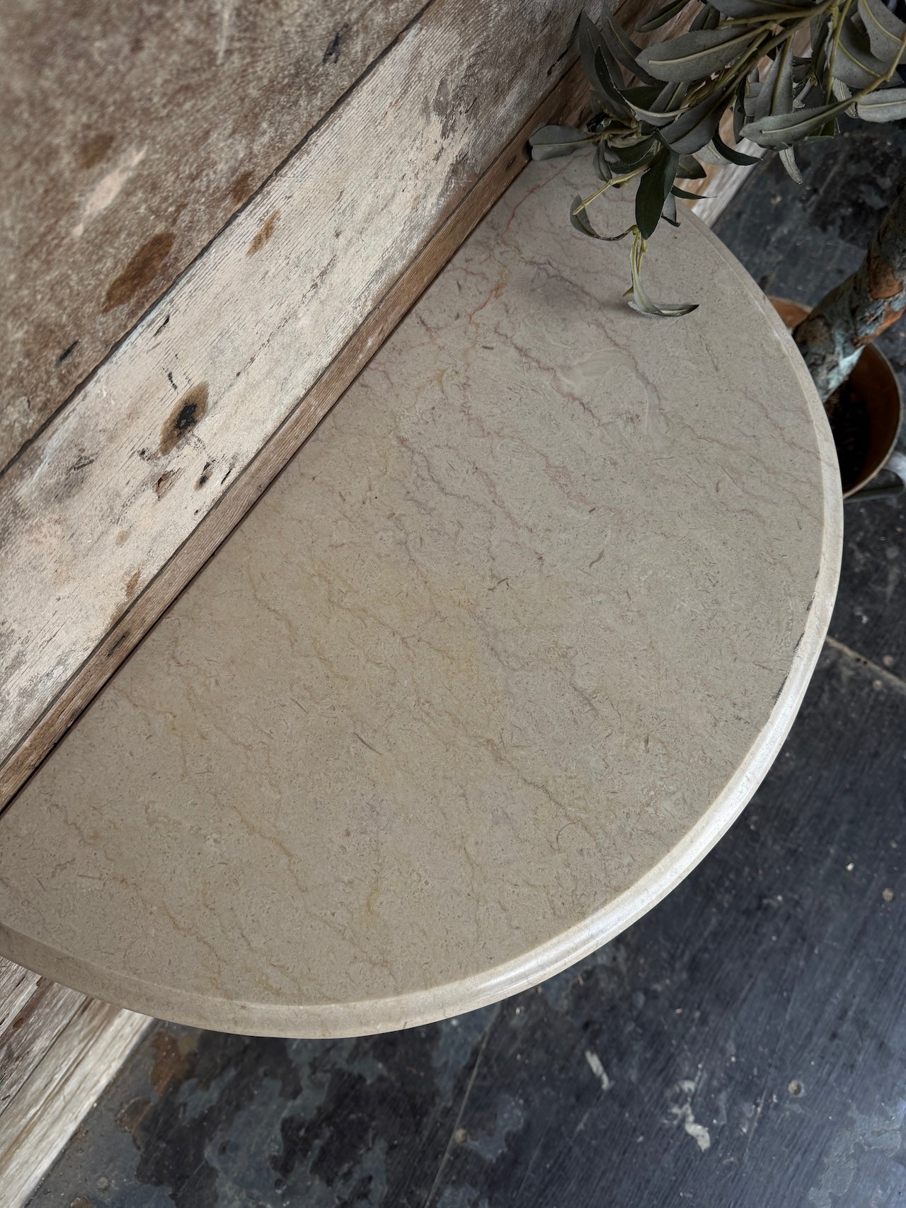 Pretty French demi lune marble topped console table