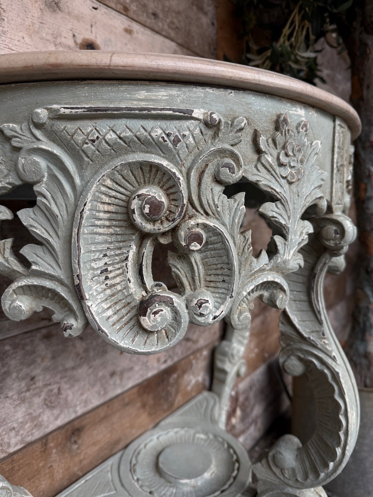Pretty French demi lune marble topped console table
