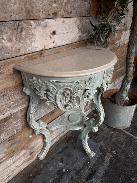 Pretty French demi lune marble topped console table