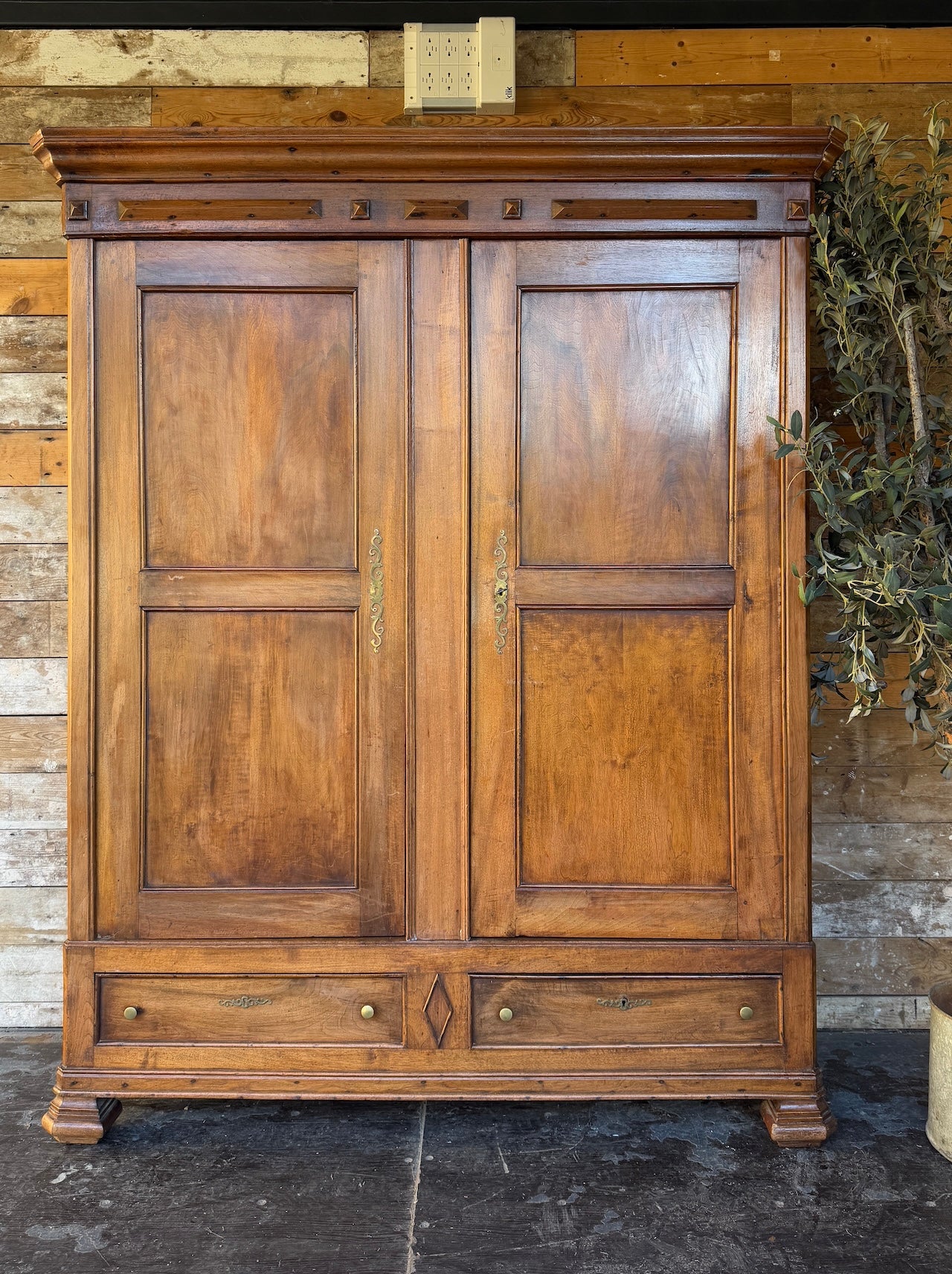 Handsome vintage French knockdown linen press with beautiful fabric lined interior