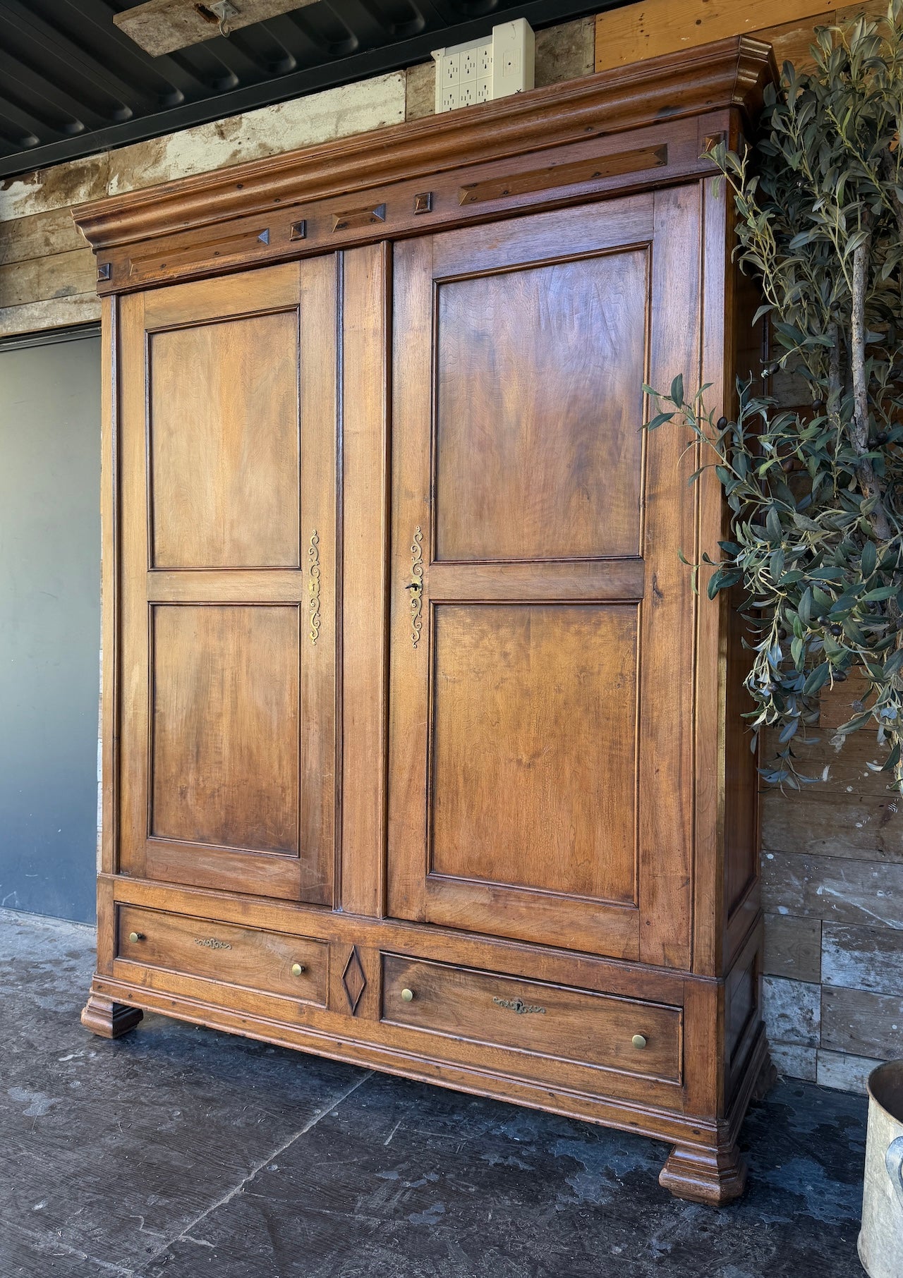 Handsome vintage French knockdown linen press with beautiful fabric lined interior
