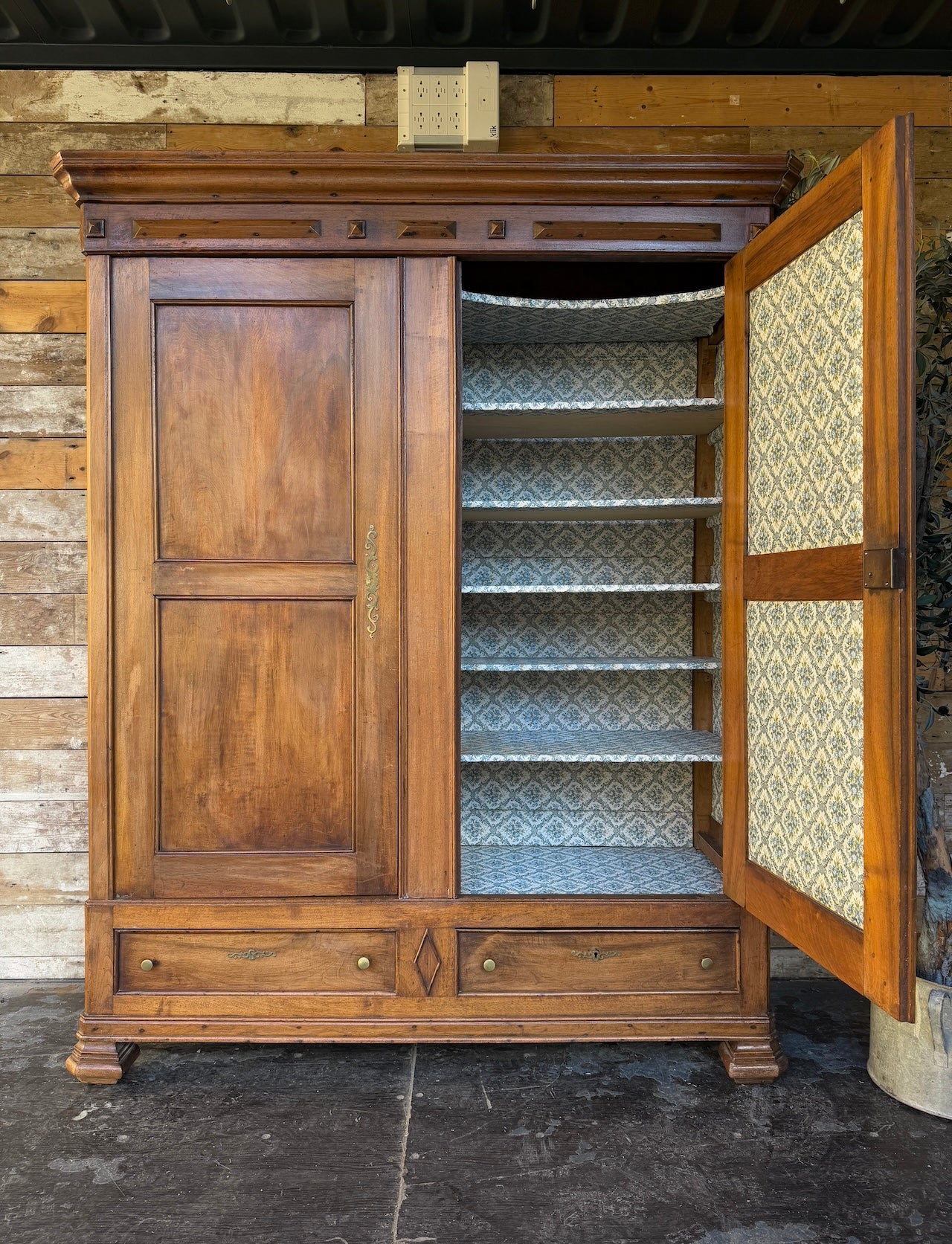 Handsome vintage French knockdown linen press with beautiful fabric lined interior