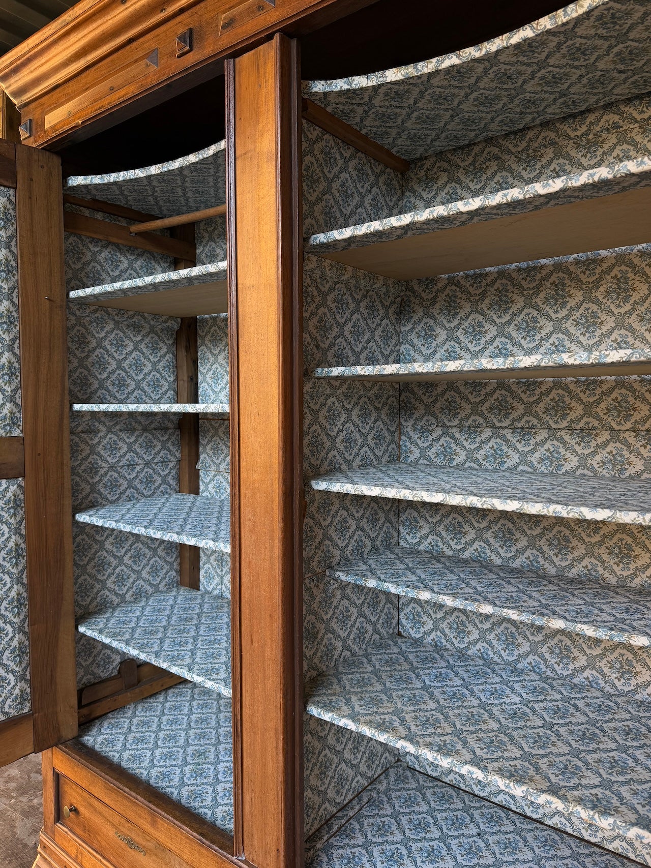 Handsome vintage French knockdown linen press with beautiful fabric lined interior