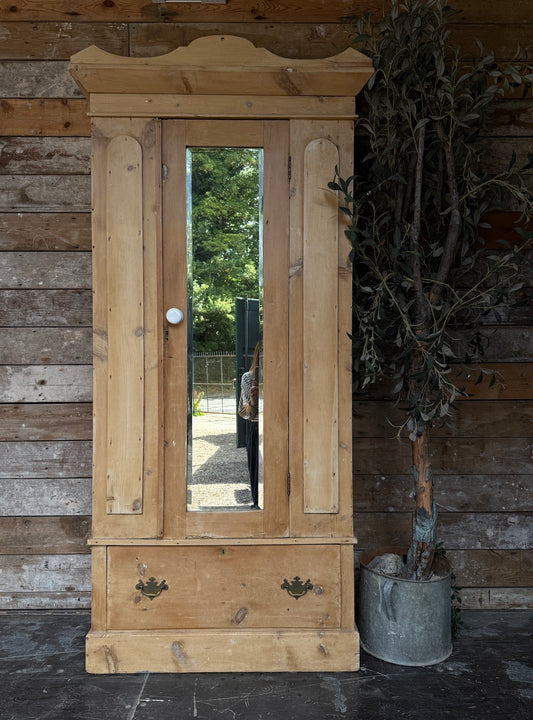 Antique pine mirrored wardrobe / cloaks cupboard